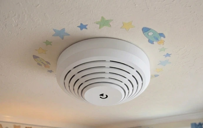 Ein Rauchmelder im Kinderzimmer mit dekorativer Tapete.