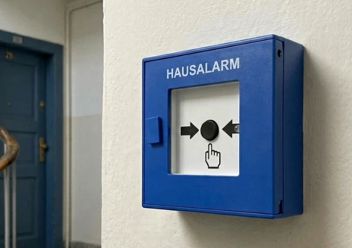 Handfeuermelder in Blau mit Aufschrift "Hausalarm" in einem Treppenhaus.