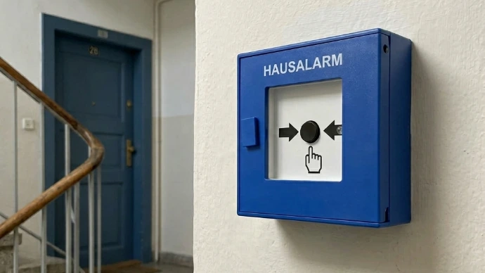 Handfeuermelder in Blau mit Aufschrift "Hausalarm" in einem Treppenhaus.